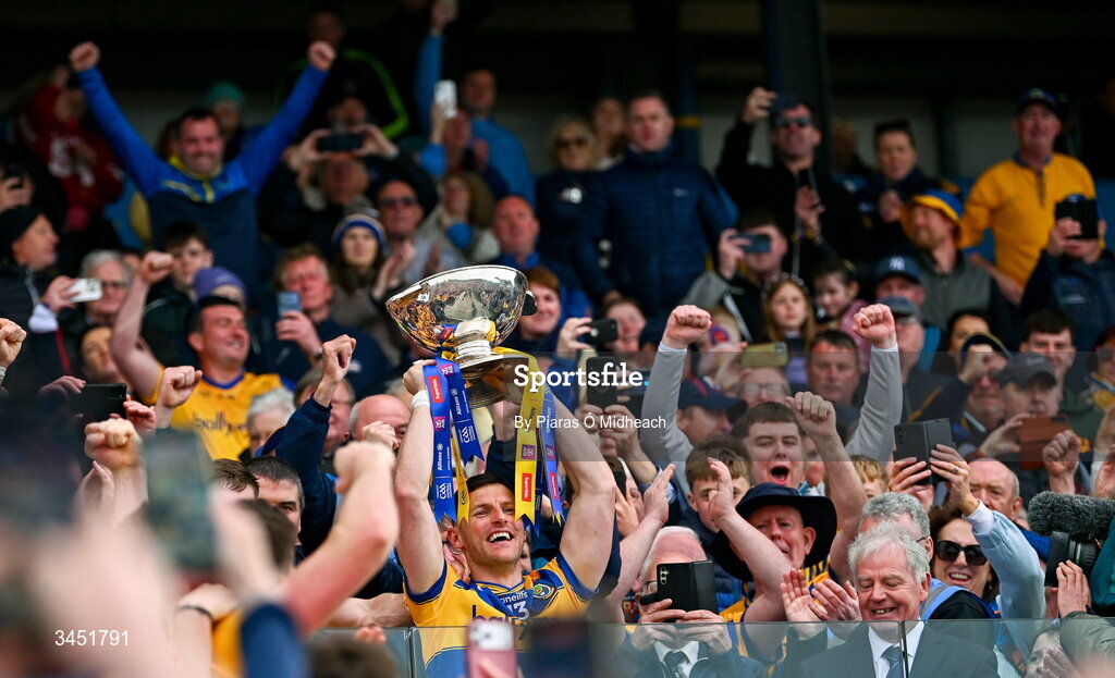 10 May 2026; Roscommon captain Diarmuid Murtagh lifts the Nestor Cup after victory in the Connacht GAA Football Senior Championship final match between Roscommon and Galway at King & Moffatt Dr Hyde Park in Roscommon. Photo by Piaras Ó Mídheach/Sportsfile
