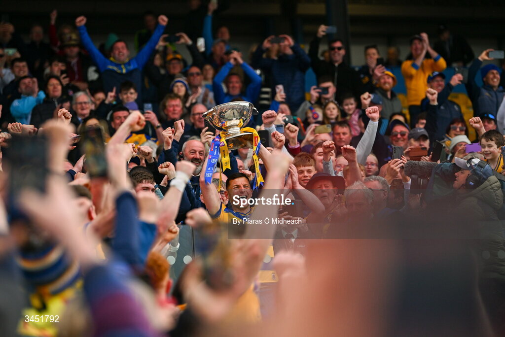 10 May 2026; Roscommon captain Diarmuid Murtagh lifts the Nestor Cup after victory in the Connacht GAA Football Senior Championship final match between Roscommon and Galway at King & Moffatt Dr Hyde Park in Roscommon. Photo by Piaras Ó Mídheach/Sportsfile