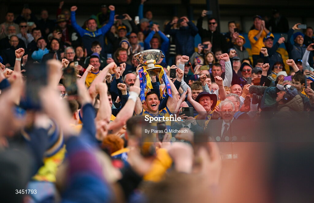 10 May 2026; Roscommon captain Diarmuid Murtagh lifts the Nestor Cup after victory in the Connacht GAA Football Senior Championship final match between Roscommon and Galway at King & Moffatt Dr Hyde Park in Roscommon. Photo by Piaras Ó Mídheach/Sportsfile