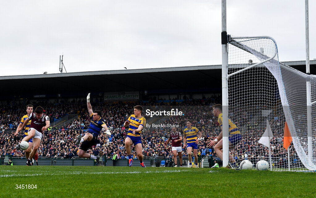10 May 2026; Seán Kelly of Galway has a shot on goal saved by Roscommon goalkeeper Conor Carroll during the Connacht GAA Football Senior Championship final match between Roscommon and Galway at King & Moffatt Dr Hyde Park in Roscommon. Photo by Ben McShane/Sportsfile