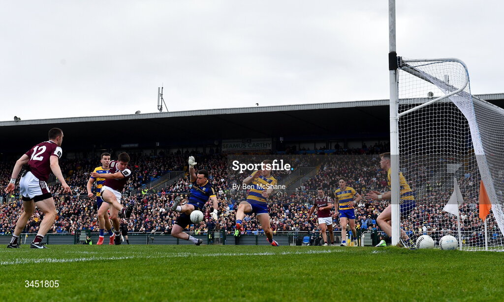 10 May 2026; Seán Kelly of Galway has a shot on goal saved by Roscommon goalkeeper Conor Carroll during the Connacht GAA Football Senior Championship final match between Roscommon and Galway at King & Moffatt Dr Hyde Park in Roscommon. Photo by Ben McShane/Sportsfile
