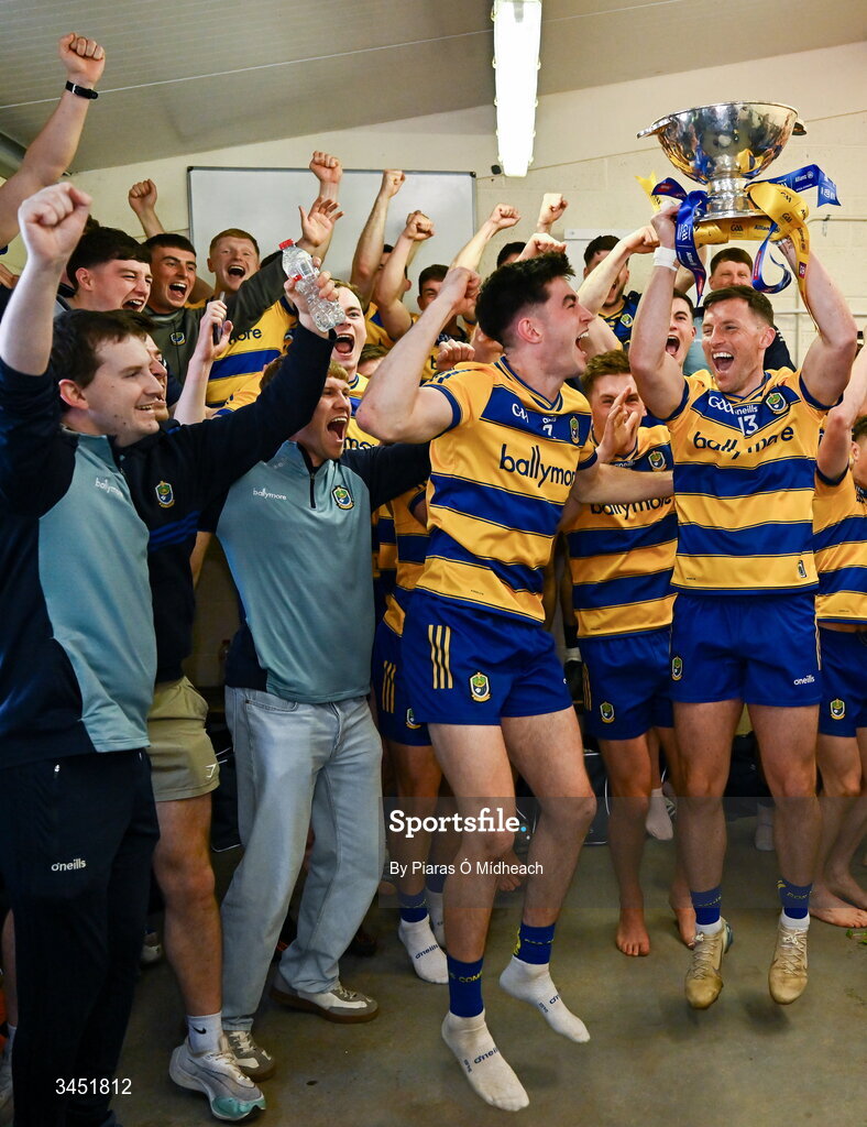 10 May 2026; Roscommon captain Diarmuid Murtagh celebrates with the Nestor Cup in the winning dressing room after victory in the Connacht GAA Football Senior Championship final match between Roscommon and Galway at King & Moffatt Dr Hyde Park in Roscommon. Photo by Piaras Ó Mídheach/Sportsfile