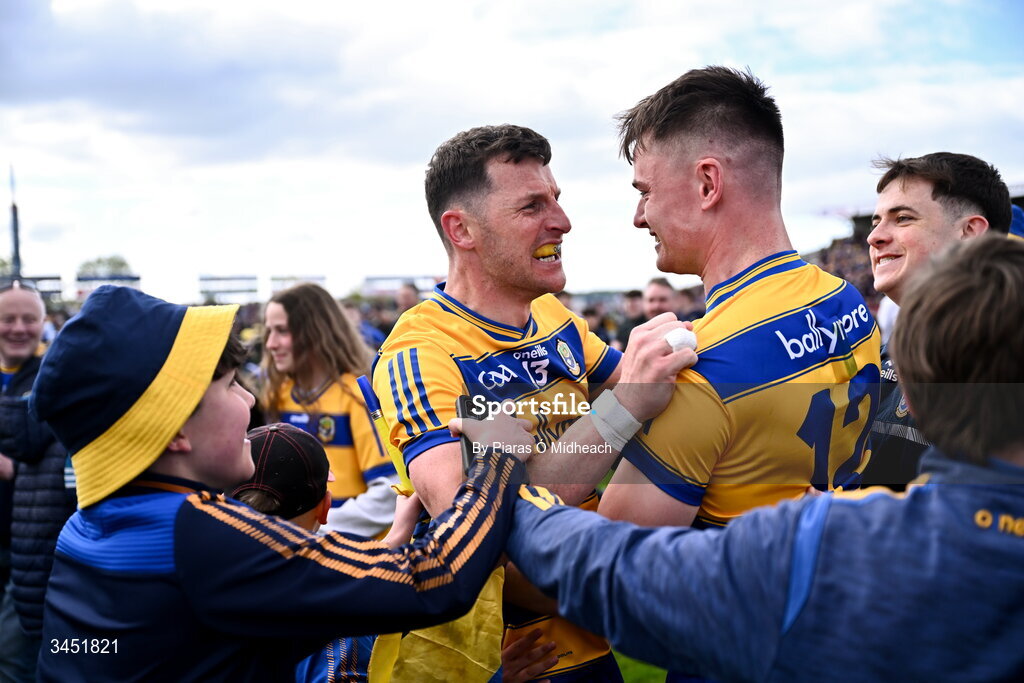 10 May 2026; Roscommon captain Diarmuid Murtagh, left, celebrates with team-mate Darragh Heneghan after victory in the Connacht GAA Football Senior Championship final match between Roscommon and Galway at King & Moffatt Dr Hyde Park in Roscommon. Photo by Piaras Ó Mídheach/Sportsfile