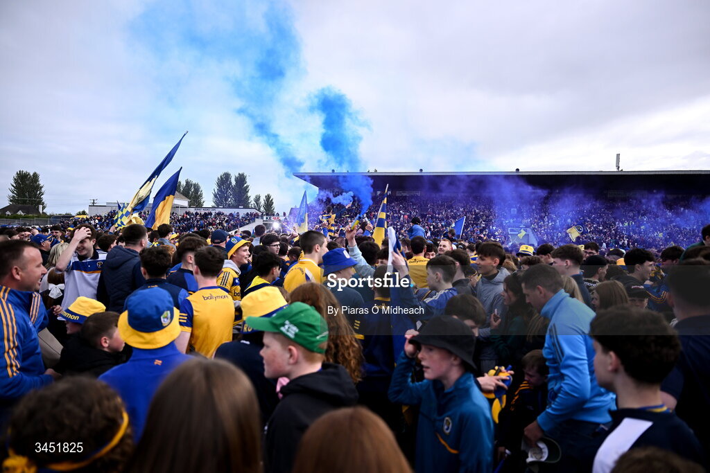 10 May 2026; Roscommom supporters celebrate on the pitch after victory in the Connacht GAA Football Senior Championship final match between Roscommon and Galway at King & Moffatt Dr Hyde Park in Roscommon. Photo by Piaras Ó Mídheach/Sportsfile