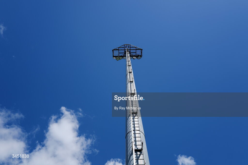 10 May 2026; A floodlight pole and associated floodlights before the Táilteann Cup round 1 match between Laois and Wicklow at Laois Hire O'Moore Park in Portlaoise, Laois. Photo by Ray McManus/Sportsfile