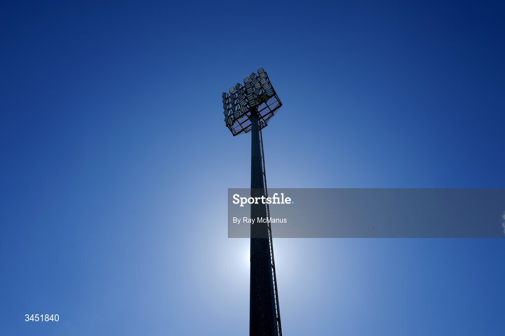 10 May 2026; A floodlight pole and associated floodlights before the Táilteann Cup round 1 match between Laois and Wicklow at Laois Hire O'Moore Park in Portlaoise, Laois. Photo by Ray McManus/Sportsfile