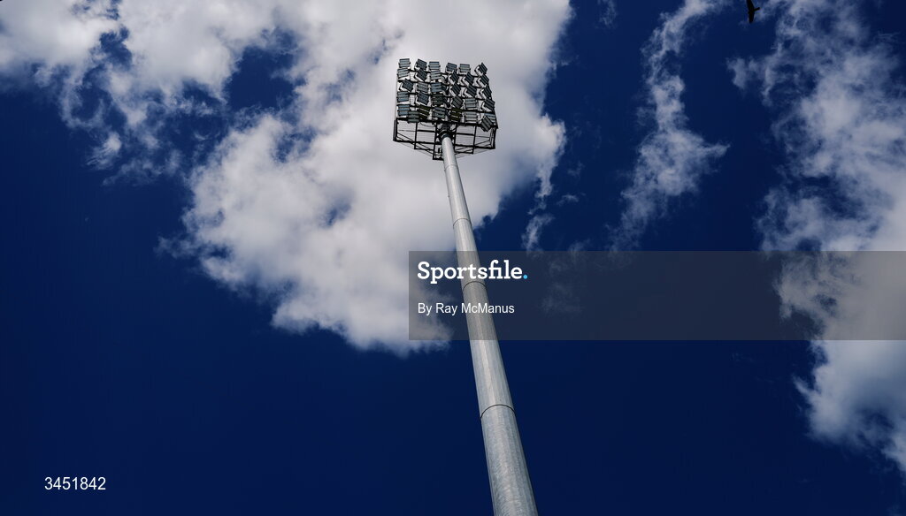 10 May 2026; A floodlight pole and associated floodlights before the Táilteann Cup round 1 match between Laois and Wicklow at Laois Hire O'Moore Park in Portlaoise, Laois. Photo by Ray McManus/Sportsfile