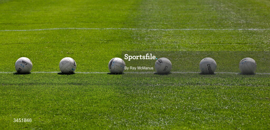 10 May 2026; O'Neills Gaelic Footballs on the pitch before the Táilteann Cup round 1 match between Laois and Wicklow at Laois Hire O'Moore Park in Portlaoise, Laois. Photo by Ray McManus/Sportsfile