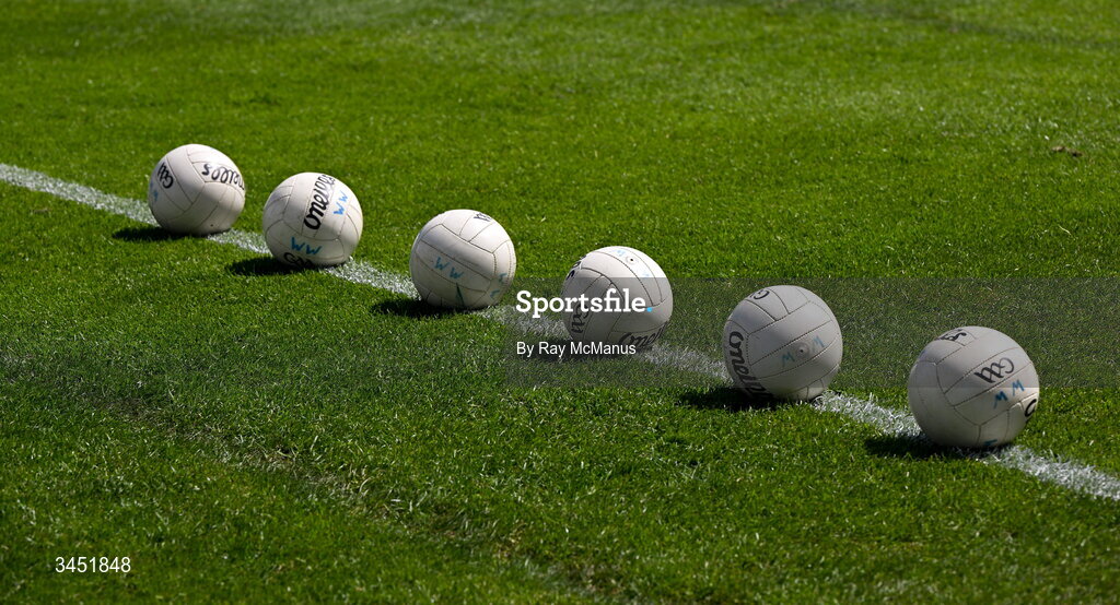 10 May 2026; O'Neills Gaelic Footballs on the pitch before the Táilteann Cup round 1 match between Laois and Wicklow at Laois Hire O'Moore Park in Portlaoise, Laois. Photo by Ray McManus/Sportsfile