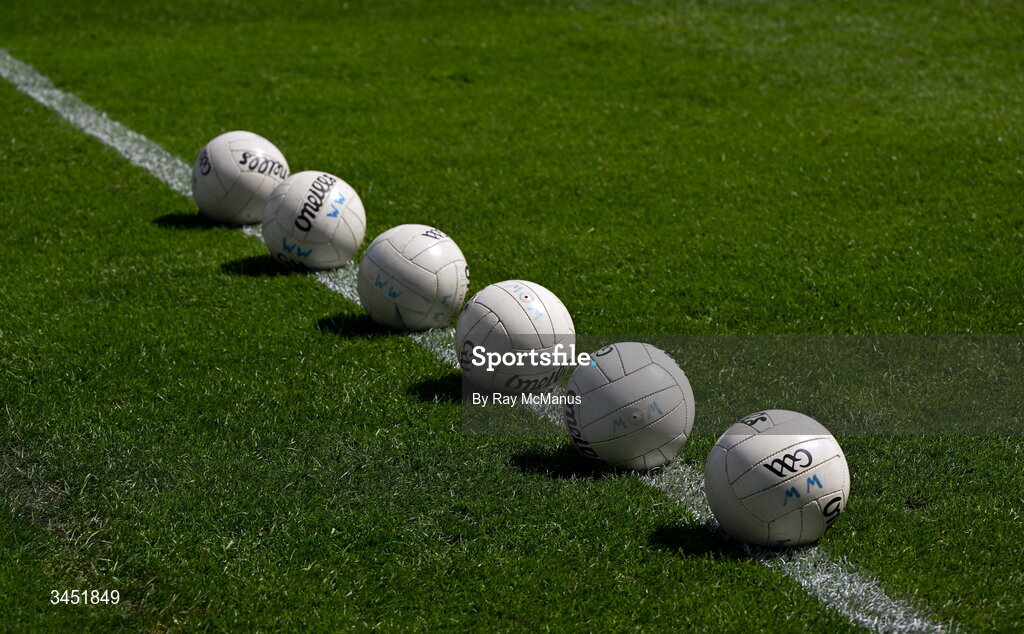 10 May 2026; O'Neills Gaelic Footballs on the pitch before the Táilteann Cup round 1 match between Laois and Wicklow at Laois Hire O'Moore Park in Portlaoise, Laois. Photo by Ray McManus/Sportsfile