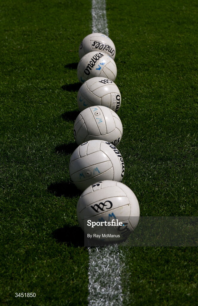 10 May 2026; O'Neills Gaelic Footballs on the pitch before the Táilteann Cup round 1 match between Laois and Wicklow at Laois Hire O'Moore Park in Portlaoise, Laois. Photo by Ray McManus/Sportsfile