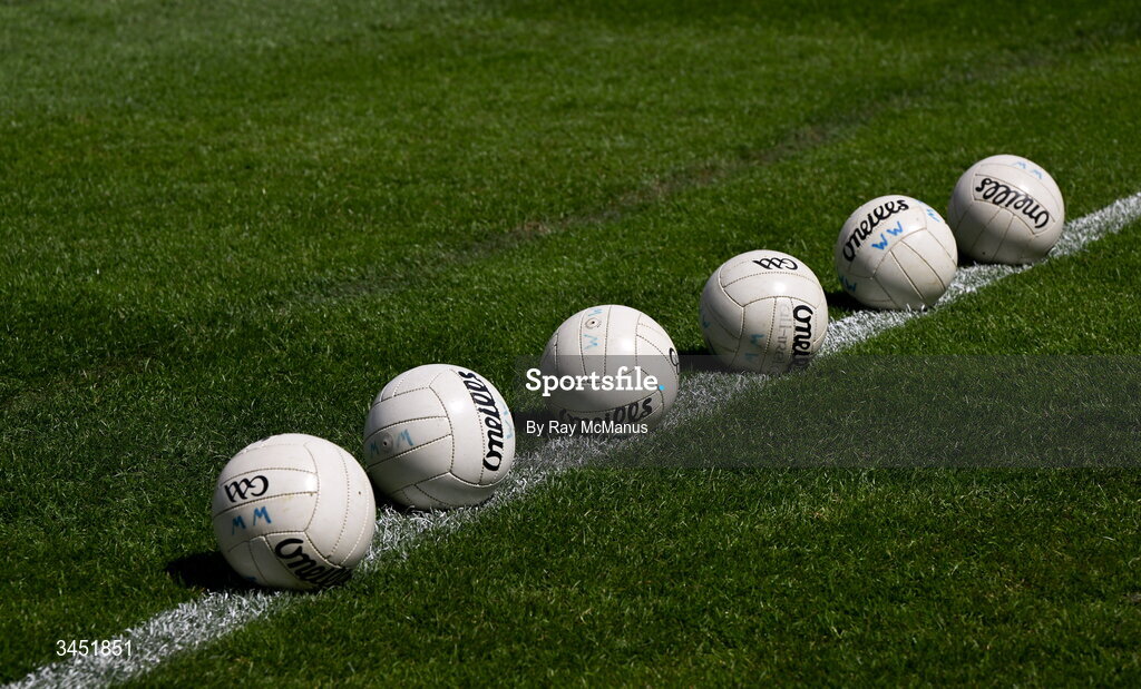 10 May 2026; O'Neills Gaelic Footballs on the pitch before the Táilteann Cup round 1 match between Laois and Wicklow at Laois Hire O'Moore Park in Portlaoise, Laois. Photo by Ray McManus/Sportsfile