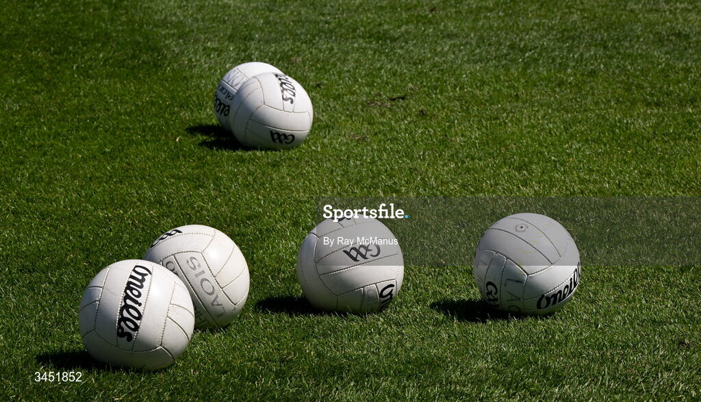 10 May 2026; O'Neills Gaelic Footballs on the pitch before the Táilteann Cup round 1 match between Laois and Wicklow at Laois Hire O'Moore Park in Portlaoise, Laois. Photo by Ray McManus/Sportsfile