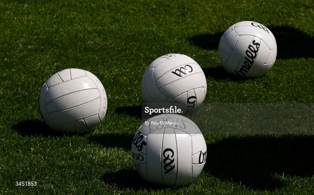 10 May 2026; O'Neills Gaelic Footballs on the pitch before the Táilteann Cup round 1 match between Laois and Wicklow at Laois Hire O'Moore Park in Portlaoise, Laois. Photo by Ray McManus/Sportsfile