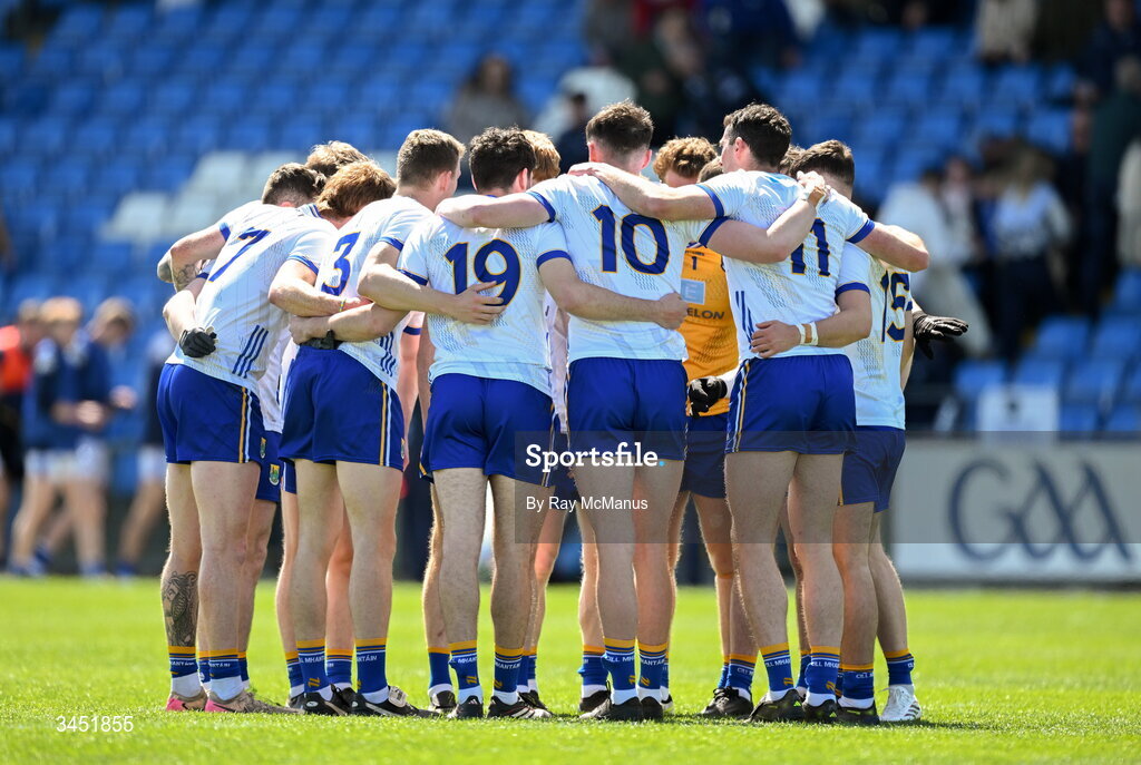 10 May 2026; The Wicklow players listen to captain Dean Healy before the Táilteann Cup round 1 match between Laois and Wicklow at Laois Hire O'Moore Park in Portlaoise, Laois. Photo by Ray McManus/Sportsfile