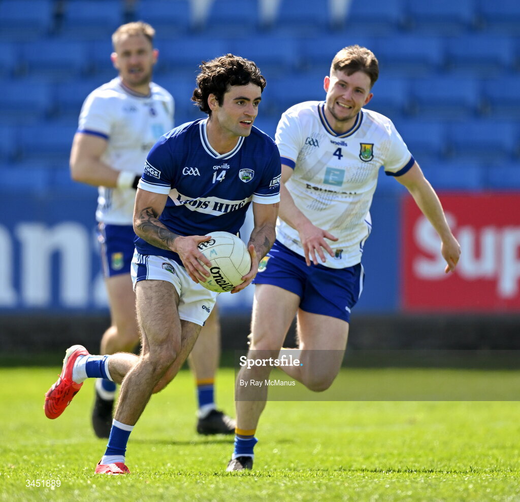 10 May 2026; Daragh Galvin of Laois in action against Gavin Fogarty of Wicklow during the Táilteann Cup round 1 match between Laois and Wicklow at Laois Hire O'Moore Park in Portlaoise, Laois. Photo by Ray McManus/Sportsfile