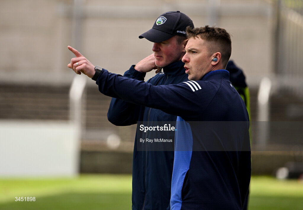 10 May 2026; Laois selector Ross Munnelly and Laois manager Justin McNulty, left, near the end of the Táilteann Cup round 1 match between Laois and Wicklow at Laois Hire O'Moore Park in Portlaoise, Laois. Photo by Ray McManus/Sportsfile