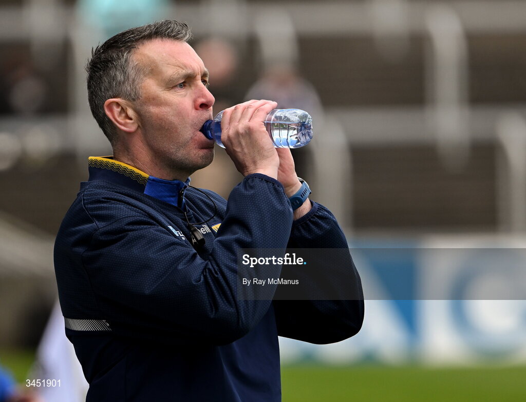 10 May 2026; Wicklow manager Oisín McConville, has a drink of water, near the end of the Táilteann Cup round 1 match between Laois and Wicklow at Laois Hire O'Moore Park in Portlaoise, Laois. Photo by Ray McManus/Sportsfile