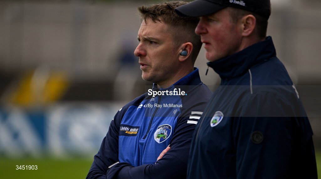 10 May 2026; Laois selector Ross Munnelly, left, and manager Justin McNulty during the Táilteann Cup round 1 match between Laois and Wicklow at Laois Hire O'Moore Park in Portlaoise, Laois. Photo by Ray McManus/Sportsfile