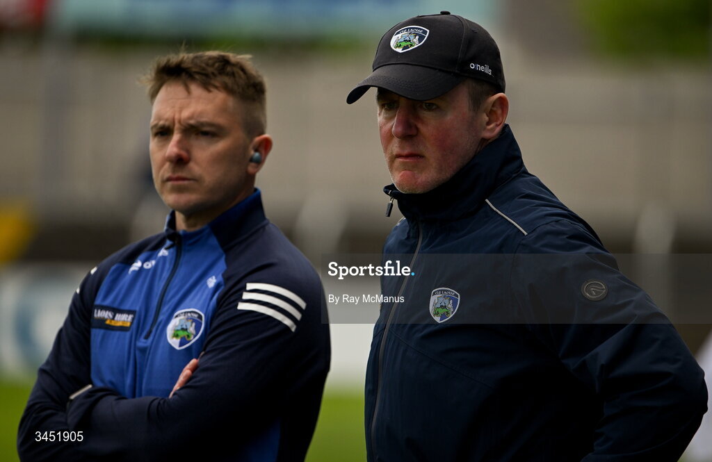 10 May 2026; Laois manager Justin McNulty and selector Ross Munnelly, left, during the Táilteann Cup round 1 match between Laois and Wicklow at Laois Hire O'Moore Park in Portlaoise, Laois. Photo by Ray McManus/Sportsfile