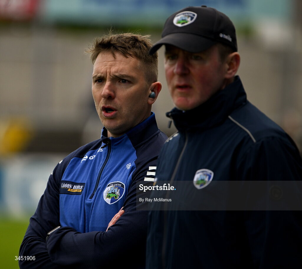 10 May 2026; Laois selector Ross Munnelly, left, and manager Justin McNulty during the Táilteann Cup round 1 match between Laois and Wicklow at Laois Hire O'Moore Park in Portlaoise, Laois. Photo by Ray McManus/Sportsfile