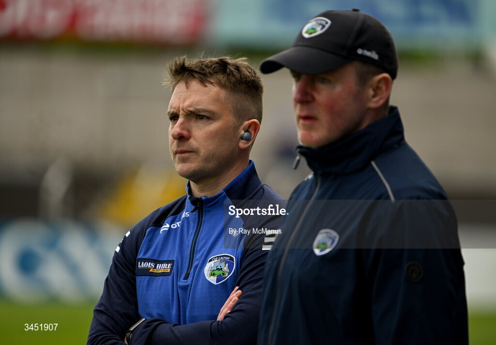 10 May 2026; Laois selector Ross Munnelly, left, and manager Justin McNulty during the Táilteann Cup round 1 match between Laois and Wicklow at Laois Hire O'Moore Park in Portlaoise, Laois. Photo by Ray McManus/Sportsfile