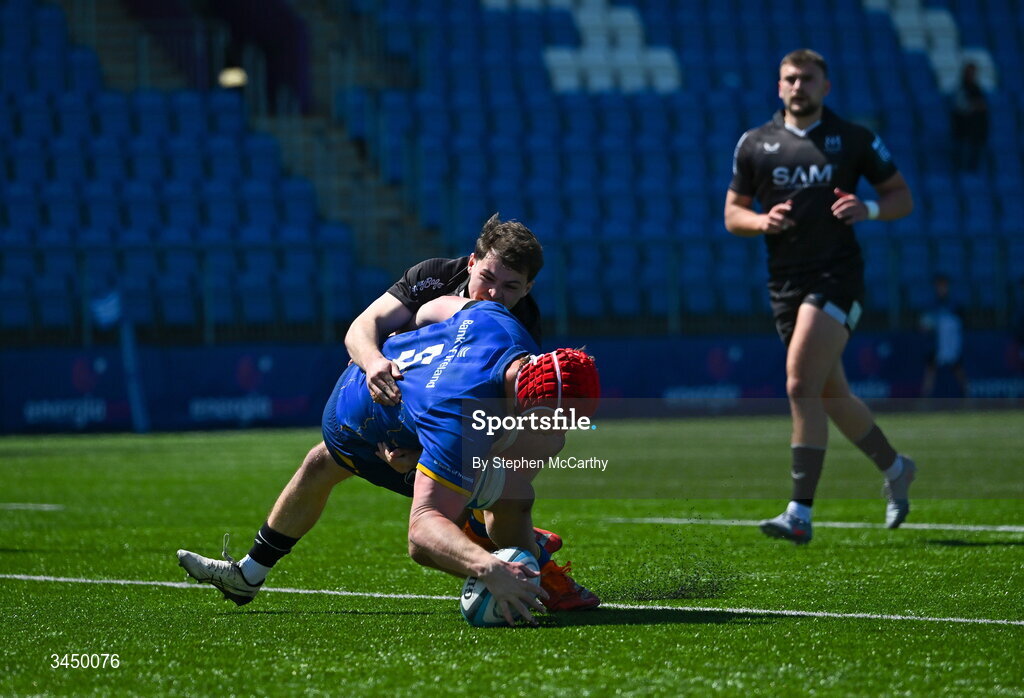 9 May 2026; Mahon Ronan of Leinster scores his side's sixth try during the IRFU Interprovincial A Championship match between Leinster A and Ulster A at Energia Park in Dublin. Photo by Stephen McCarthy/Sportsfile