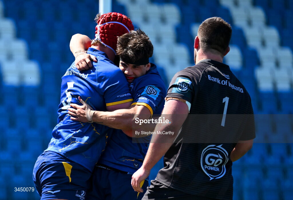 9 May 2026; Mahon Ronan, left, is congratulated by Leinster team-mate Inigo Cruise-O’Brien, right, after scoring his side's sixth try during the IRFU Interprovincial A Championship match between Leinster A and Ulster A at Energia Park in Dublin. Photo by Stephen McCarthy/Sportsfile