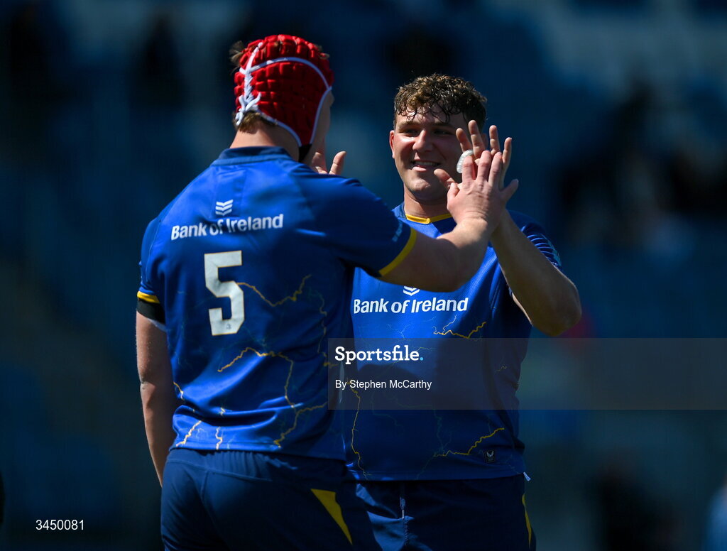 9 May 2026; Mahon Ronan, left, is congratulated by Leinster team-mate Andrew Sparrow, right, after scoring his side's sixth try during the IRFU Interprovincial A Championship match between Leinster A and Ulster A at Energia Park in Dublin. Photo by Stephen McCarthy/Sportsfile