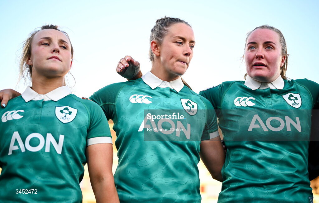 9 May 2026; Ireland players, from left, Aoife Dalton, Stacey Flood and Fiona Tuite after the Women's 6 Nations Rugby Championship match between Ireland and Wales at Affidea Stadium in Belfast. Photo by Shauna Clinton/Sportsfile