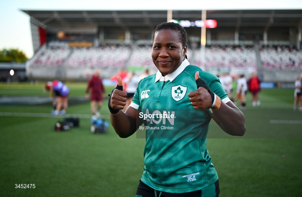 9 May 2026; Linda Djougang of Ireland after the Women's 6 Nations Rugby Championship match between Ireland and Wales at Affidea Stadium in Belfast. Photo by Shauna Clinton/Sportsfile