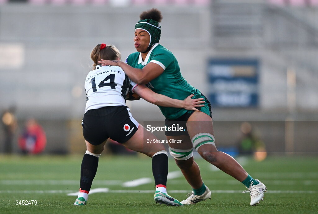 9 May 2026; Grace Moore of Ireland in action against Hannah Dallavalle of Wales during the Women's 6 Nations Rugby Championship match between Ireland and Wales at Affidea Stadium in Belfast. Photo by Shauna Clinton/Sportsfile