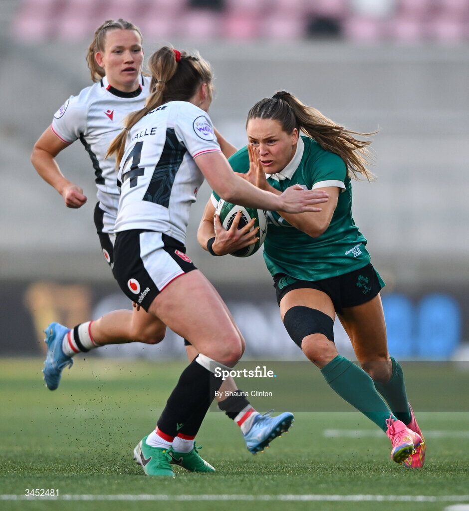 9 May 2026; Béibhinn Parsons of Ireland in action against Hannah Dallavalle of Wales during the Women's 6 Nations Rugby Championship match between Ireland and Wales at Affidea Stadium in Belfast. Photo by Shauna Clinton/Sportsfile