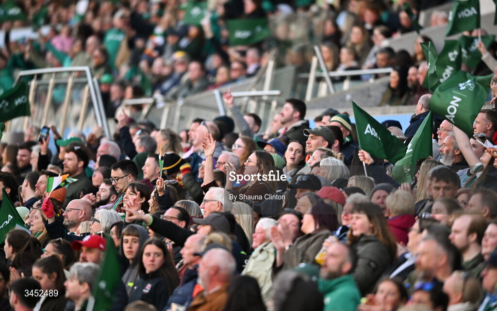 9 May 2026; Supporters during the Women's 6 Nations Rugby Championship match between Ireland and Wales at Affidea Stadium in Belfast. Photo by Shauna Clinton/Sportsfile