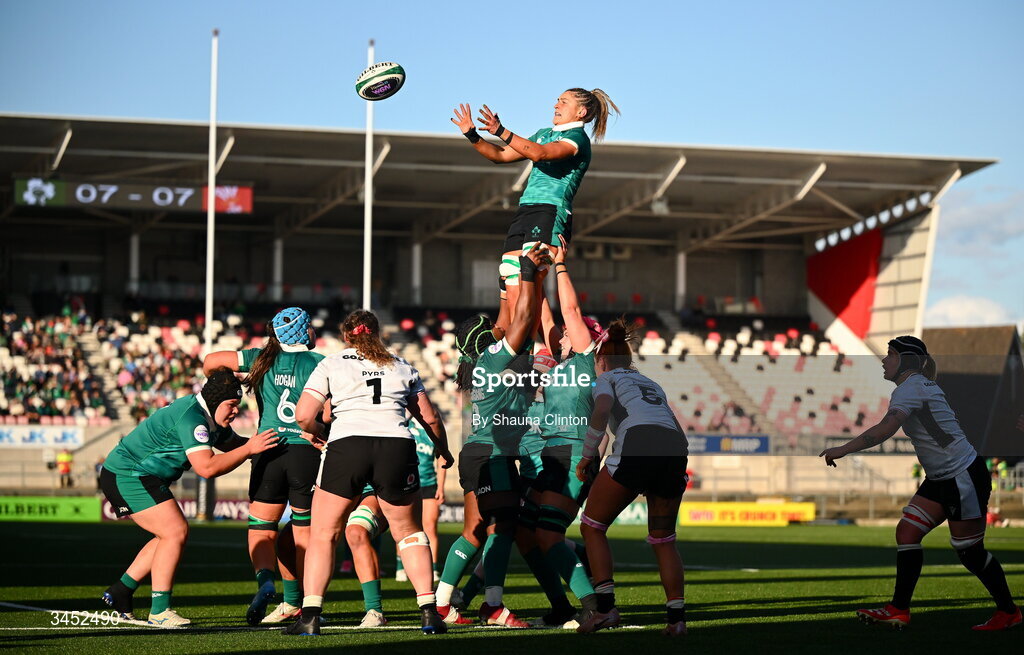 9 May 2026; Erin King of Ireland wins possession in a lineout during the Women's 6 Nations Rugby Championship match between Ireland and Wales at Affidea Stadium in Belfast. Photo by Shauna Clinton/Sportsfile