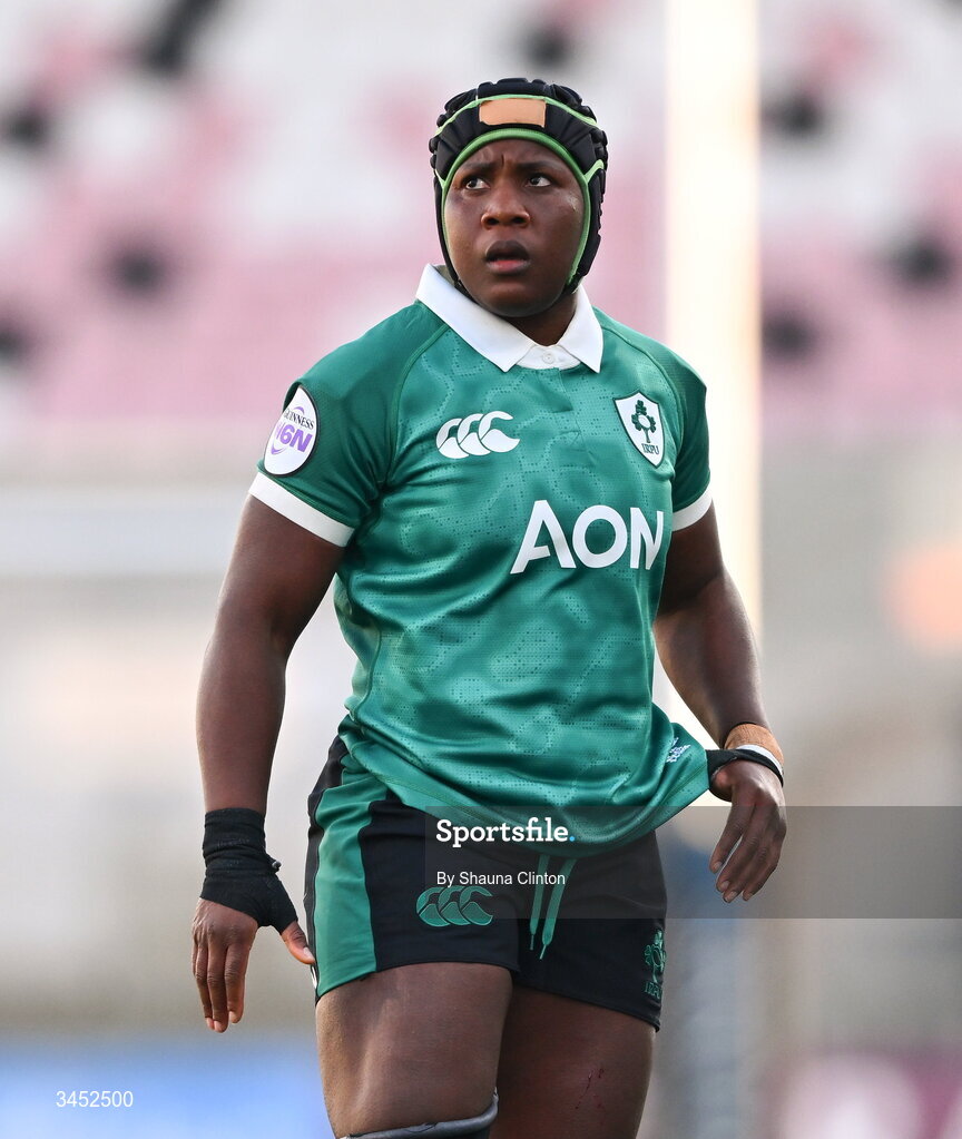 9 May 2026; Linda Djougang of Ireland during the Women's 6 Nations Rugby Championship match between Ireland and Wales at Affidea Stadium in Belfast. Photo by Shauna Clinton/Sportsfile