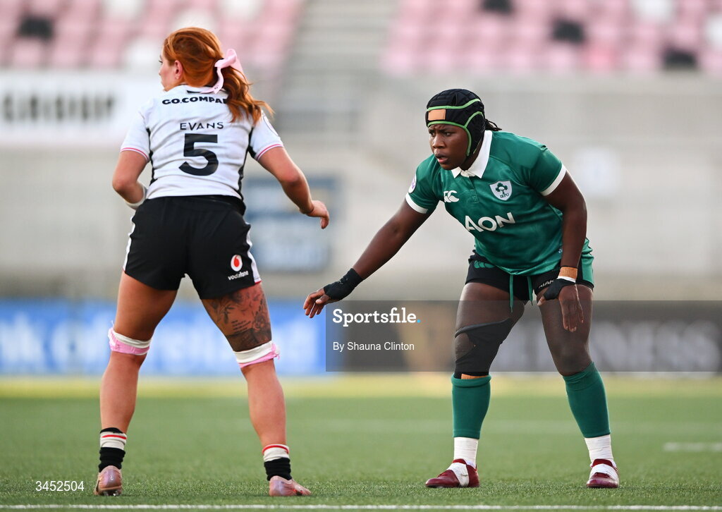 9 May 2026; Linda Djougang of Ireland during the Women's 6 Nations Rugby Championship match between Ireland and Wales at Affidea Stadium in Belfast. Photo by Shauna Clinton/Sportsfile