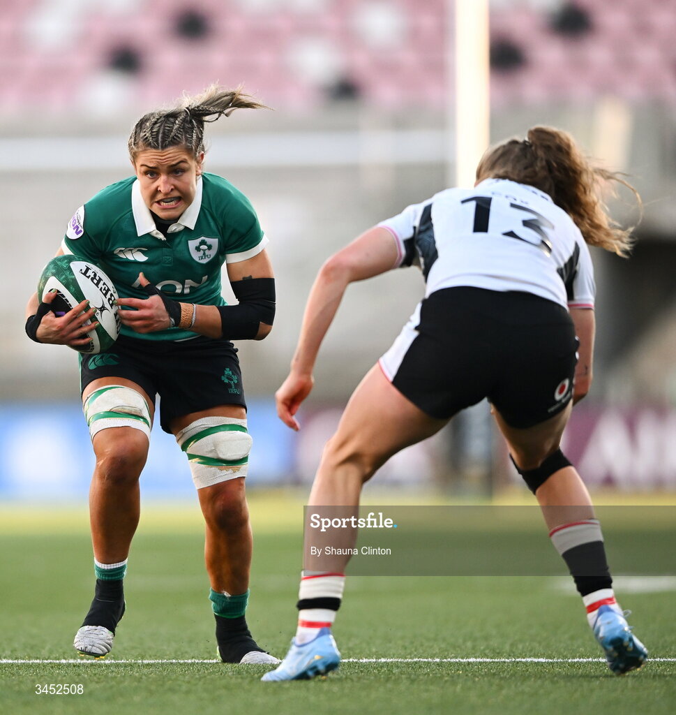 9 May 2026; Erin King of Ireland in action against Carys Cox of Wales during the Women's 6 Nations Rugby Championship match between Ireland and Wales at Affidea Stadium in Belfast. Photo by Shauna Clinton/Sportsfile