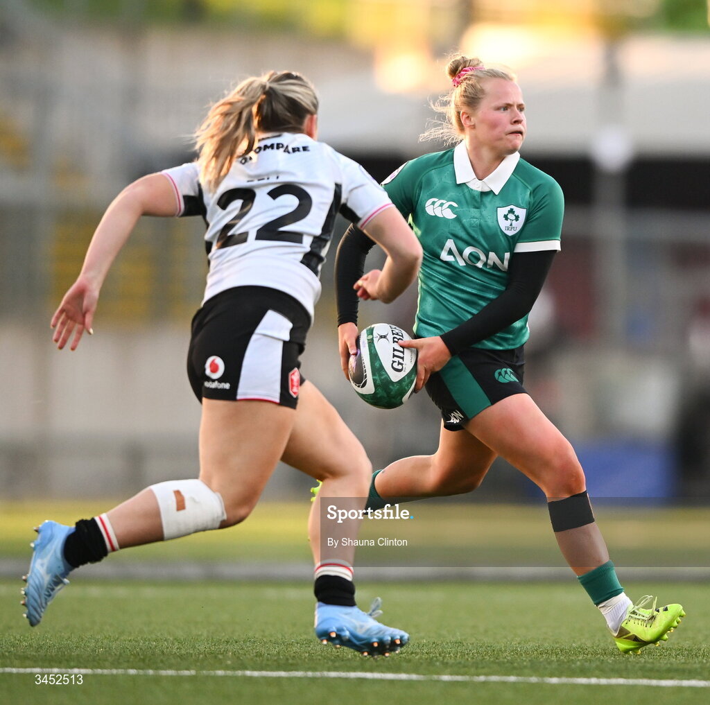 9 May 2026; Dannah O'Brien of Ireland in action against Freya Bell of Wales during the Women's 6 Nations Rugby Championship match between Ireland and Wales at Affidea Stadium in Belfast. Photo by Shauna Clinton/Sportsfile