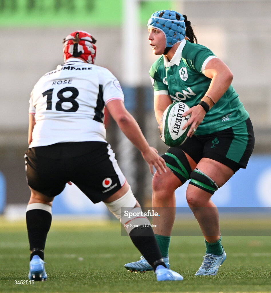 9 May 2026; Brittany Hogan of Ireland in action against Donna Rose of Wales during the Women's 6 Nations Rugby Championship match between Ireland and Wales at Affidea Stadium in Belfast. Photo by Shauna Clinton/Sportsfile