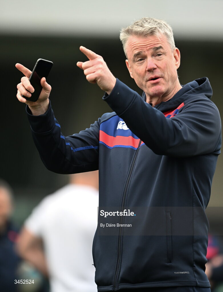 26 April 2026; Clontarf FC head coach Andy Wood ahead of the Energia Men's All-Ireland League Division 1A final match between Clontarf FC and St Mary's College RFC at the Aviva Stadium in Dublin. Photo by Daire Brennan/Sportsfile