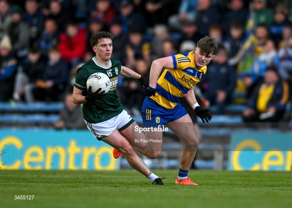 13 May 2026; Paddy Lane of Kerry in action against Diarmuid O’Higgins of Roscommon during the Dalata Hotel Group GAA Football All-Ireland U20 Championship semi-final match between Kerry and Roscommon at FBD Semple Stadium in Thurles, Tipperary. Photo by Paul Phelan/Sportsfile