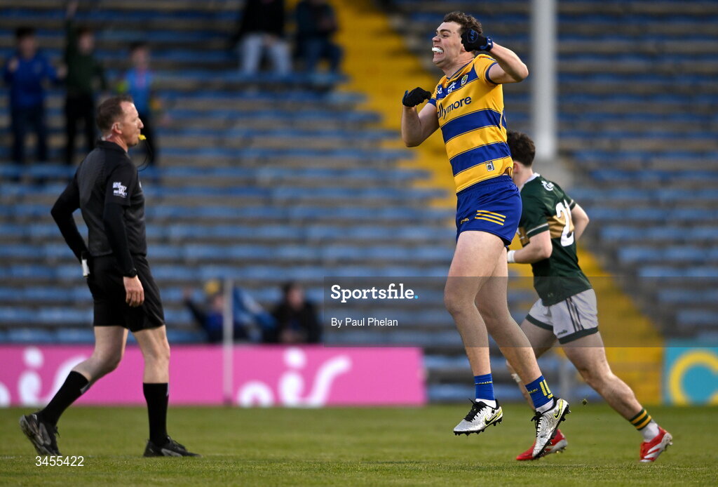 13 May 2026; Ruairí Kilcline of Roscommon celebrates scoring the equalising point to send the game to extra-time during the Dalata Hotel Group GAA Football All-Ireland U20 Championship semi-final match between Kerry and Roscommon at FBD Semple Stadium in Thurles, Tipperary. Photo by Paul Phelan/Sportsfile