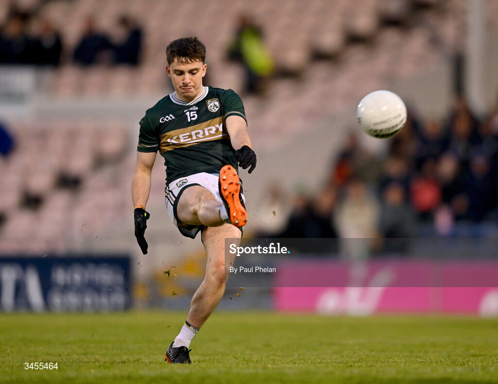 13 May 2026; Paddy Lane of Kerry kicks a free during the Dalata Hotel Group GAA Football All-Ireland U20 Championship semi-final match between Kerry and Roscommon at FBD Semple Stadium in Thurles, Tipperary. Photo by Paul Phelan/Sportsfile