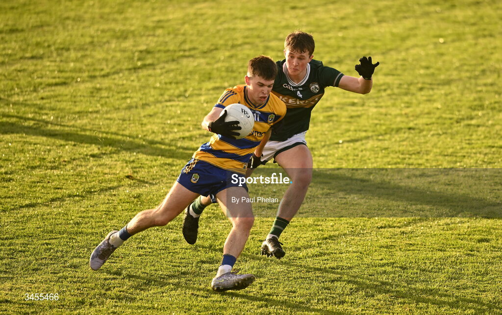 13 May 2026; Dean Casey of Roscommon in action against Dara Stack of Kerry during the Dalata Hotel Group GAA Football All-Ireland U20 Championship semi-final match between Kerry and Roscommon at FBD Semple Stadium in Thurles, Tipperary. Photo by Paul Phelan/Sportsfile