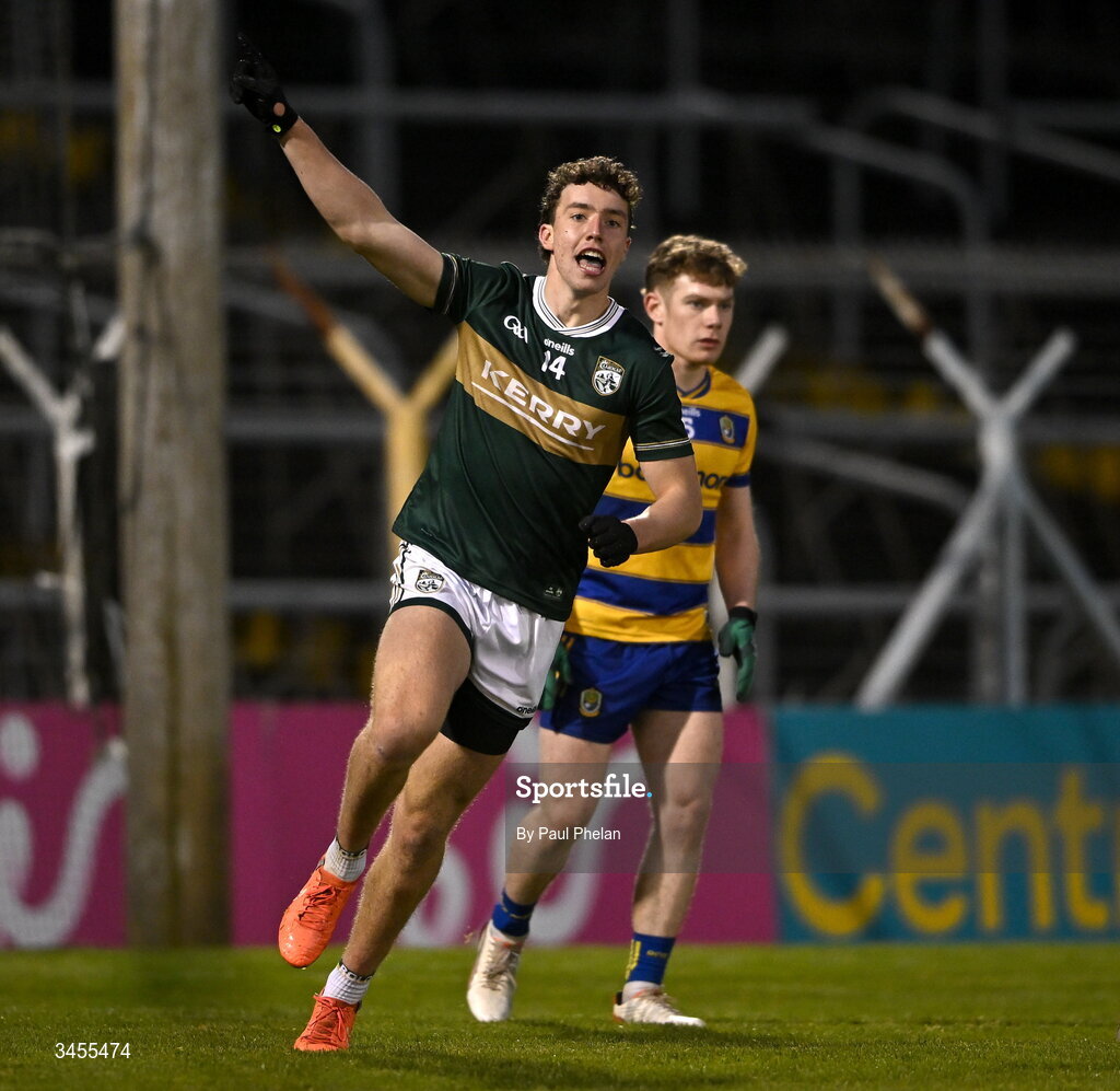 13 May 2026; Tomás Kennedy of Kerry celebrates after scoring his side's third goal during the Dalata Hotel Group GAA Football All-Ireland U20 Championship semi-final match between Kerry and Roscommon at FBD Semple Stadium in Thurles, Tipperary. Photo by Paul Phelan/Sportsfile