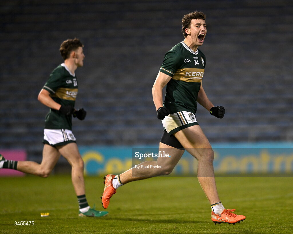 13 May 2026; Tomás Kennedy of Kerry celebrates after scoring his side's third goal during the Dalata Hotel Group GAA Football All-Ireland U20 Championship semi-final match between Kerry and Roscommon at FBD Semple Stadium in Thurles, Tipperary. Photo by Paul Phelan/Sportsfile
