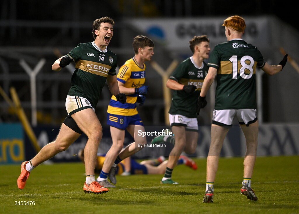 13 May 2026; Tomás Kennedy of Kerry celebrates after scoring his side's third goal during the Dalata Hotel Group GAA Football All-Ireland U20 Championship semi-final match between Kerry and Roscommon at FBD Semple Stadium in Thurles, Tipperary. Photo by Paul Phelan/Sportsfile