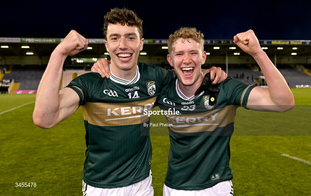 13 May 2026; Tomás Kennedy and Paudie Finucane of Kerry celebrate after the Dalata Hotel Group GAA Football All-Ireland U20 Championship semi-final match between Kerry and Roscommon at FBD Semple Stadium in Thurles, Tipperary. Photo by Paul Phelan/Sportsfile