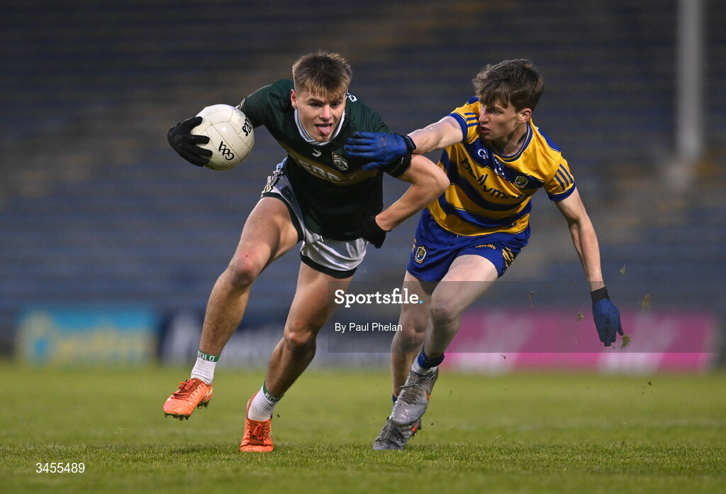 13 May 2026; Daniel Kirby of Kerry in action against Liam Finneran of Roscommon during the Dalata Hotel Group GAA Football All-Ireland U20 Championship semi-final match between Kerry and Roscommon at FBD Semple Stadium in Thurles, Tipperary. Photo by Paul Phelan/Sportsfile
